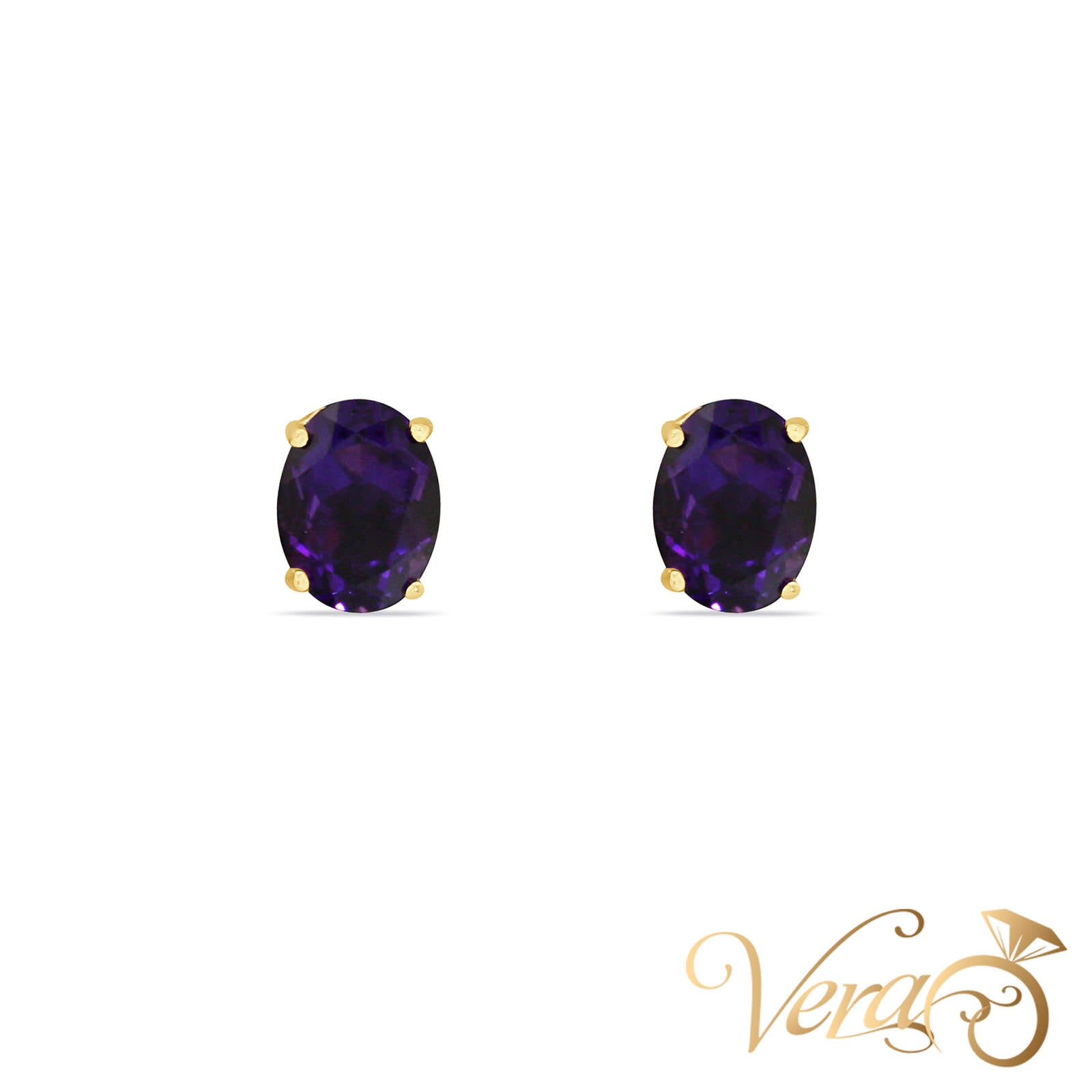 14K Yellow Gold Amethyst Stud Earrings, 8mm, 1.1g - Vera Jewelry in Miami