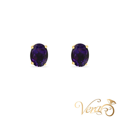 14K Yellow Gold Amethyst Stud Earrings, 8mm, 1.1g