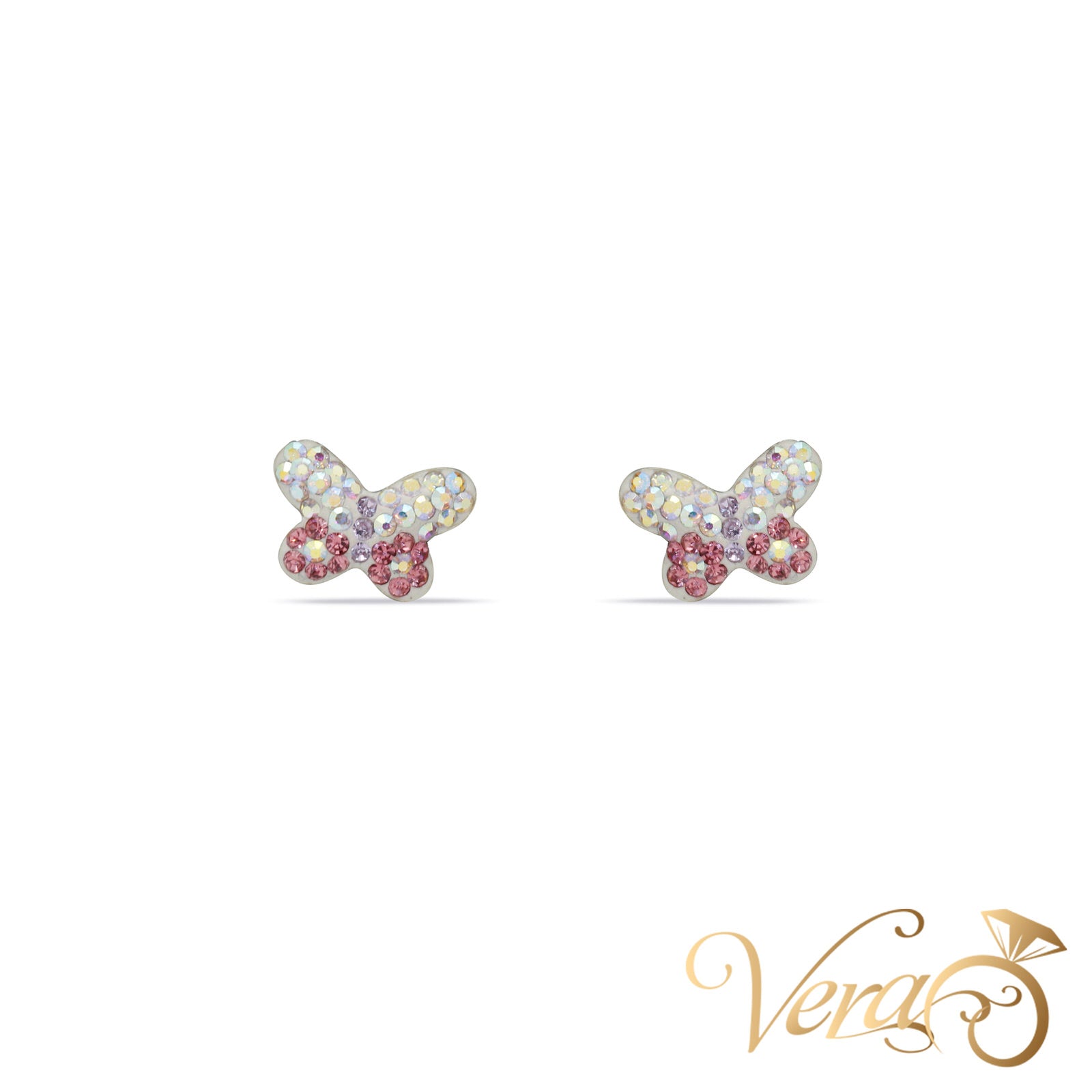14K Yellow Gold Butterfly Stud Earrings with Multicolor Cubic Zirconia, 8mm - Vera Jewelry in Miami