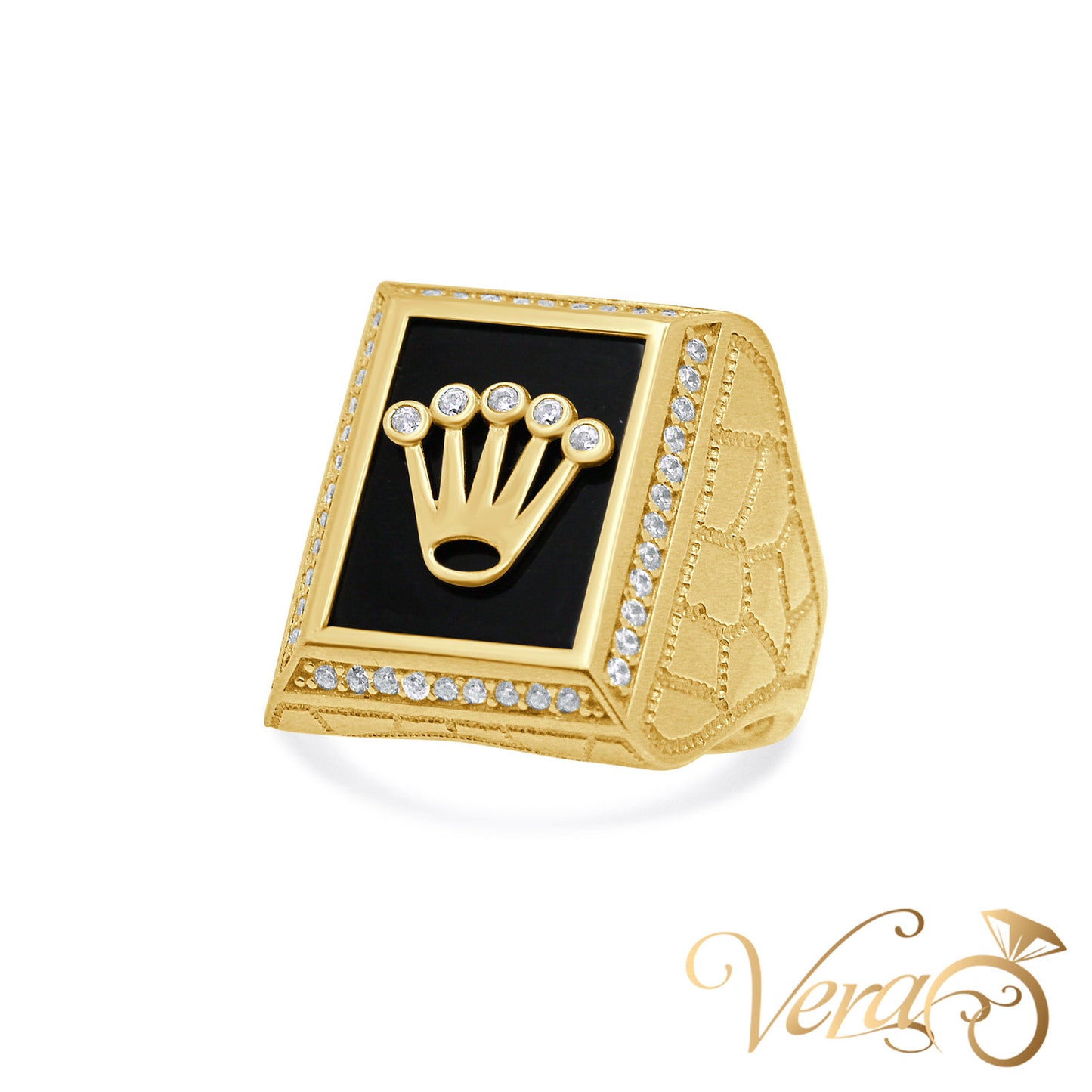 14K Yellow Gold Men’s Ring with Rectangular Onyx and Rolex-Style Emblem, Size 10, 11.0g