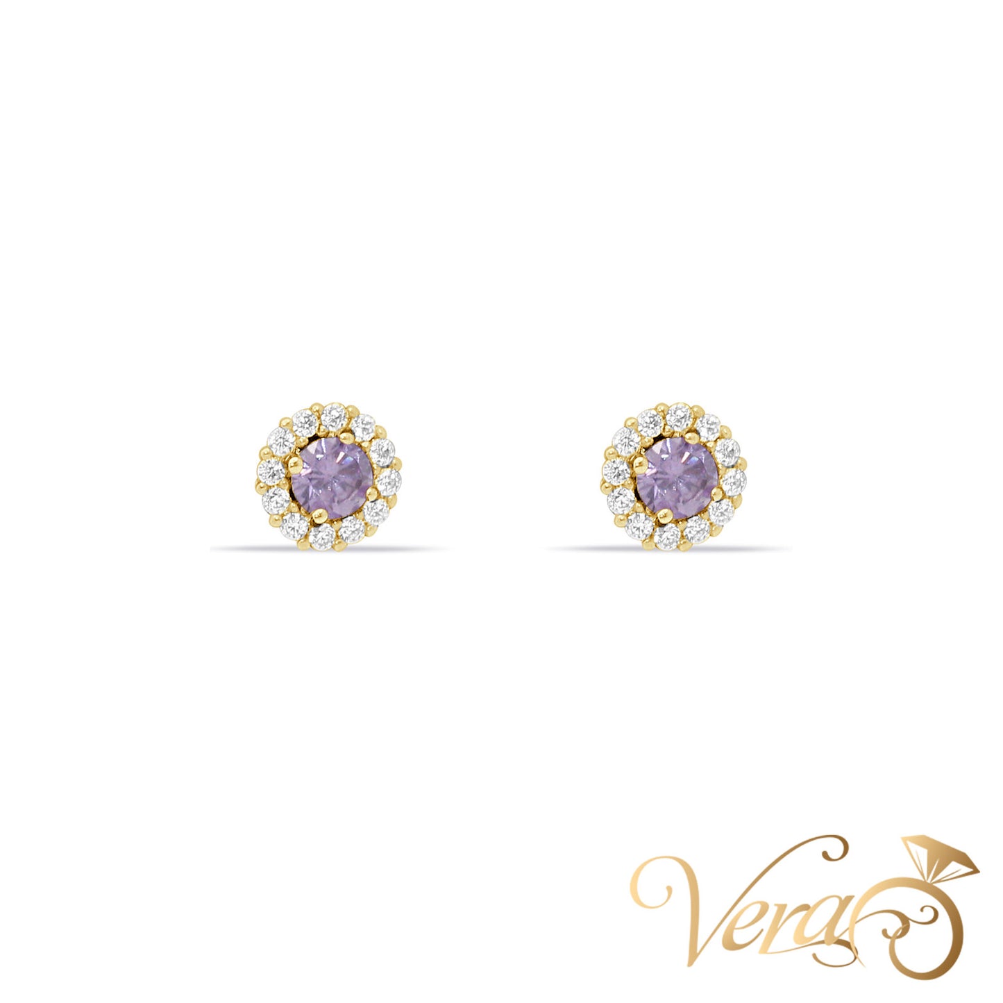 14K Yellow Gold CZ Stud Earrings with Purple Center Stone, 5mm - Vera Jewelry in Miami