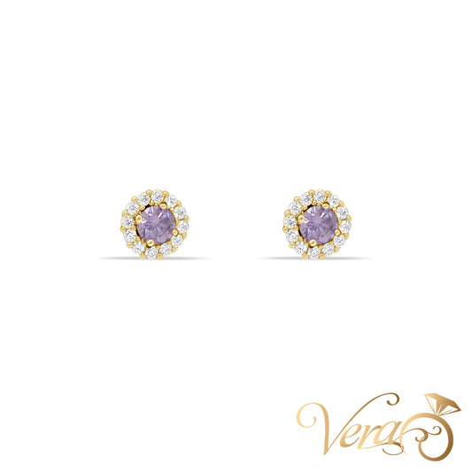 14K Yellow Gold CZ Stud Earrings with Purple Center Stone, 5mm