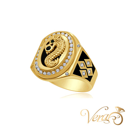 14K Yellow Gold Men’s Dragon Ring with CZ Accents and Green CZ Details, Size 12, 13.5g