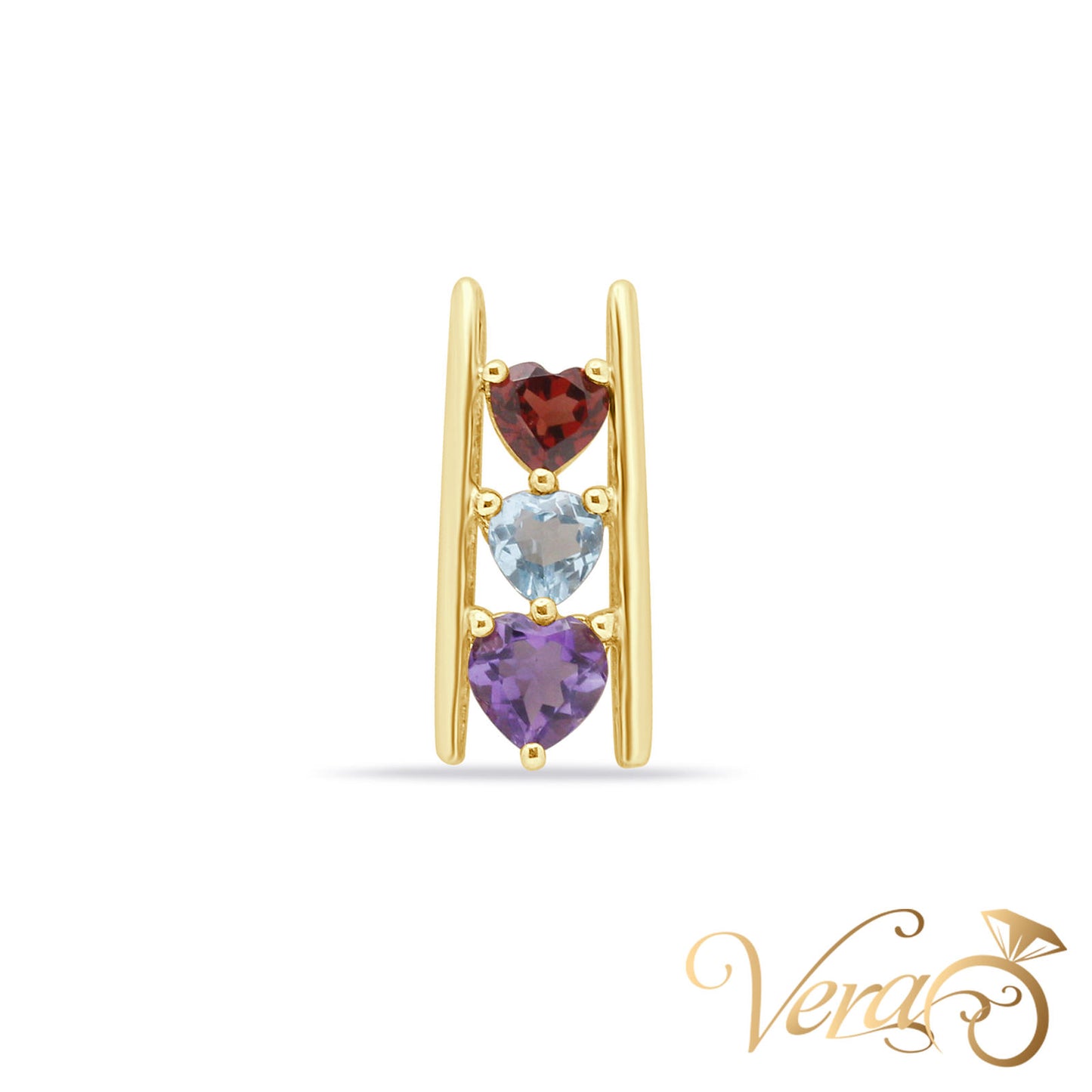 10K Yellow Gold Hearts Pendant with Garnet, Amethyst & Aquamarine  17mm - Vera Jewelry in Miami