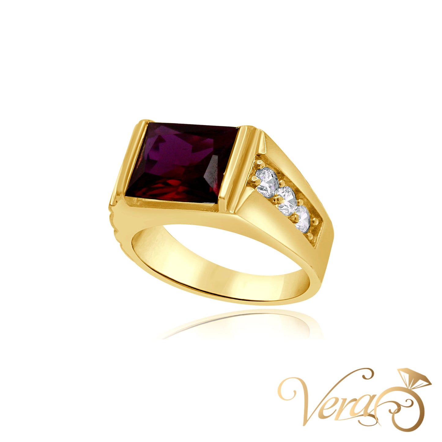 10K Yellow Gold Men’s Ring with Red Rectangular CZ and Side Stones, Size 9, 7.7g