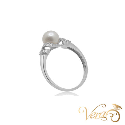 14K WG Women Ring 0.04 ct NAT & Pearl, Size 7.25, 2.2g