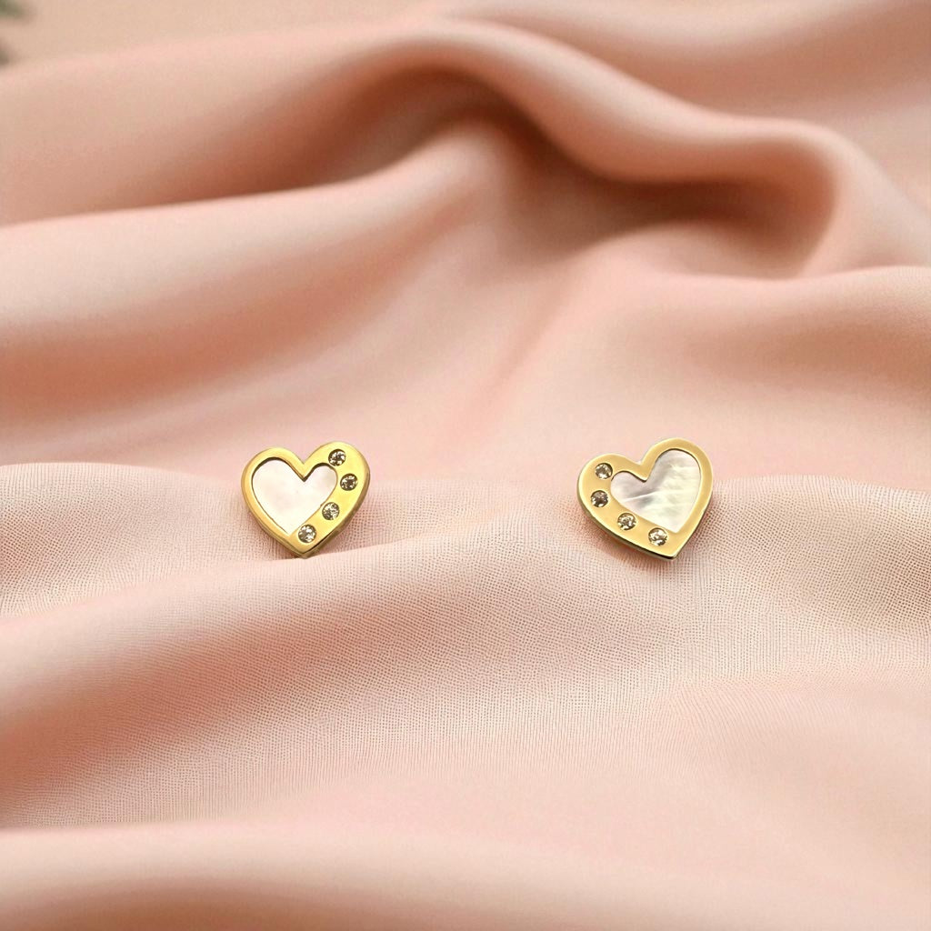 14K YG Heart Mother of Pearl & Cubic Zirconia Earrings