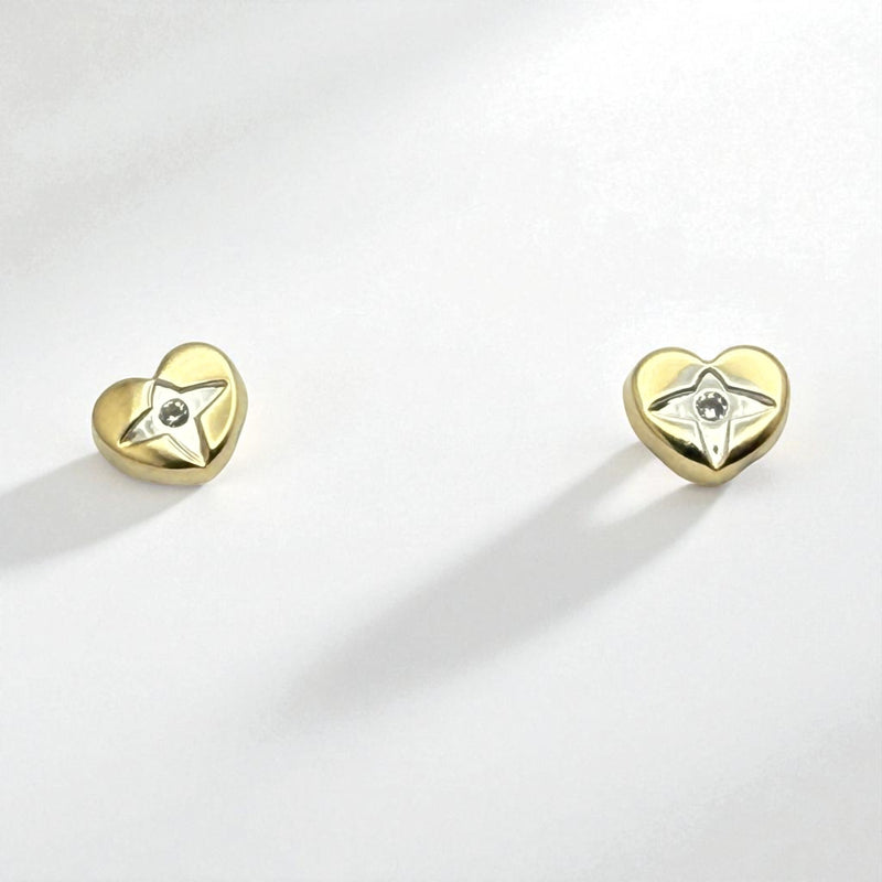 14K Yellow Gold Heart Cross Cubic Zirconia Earrings