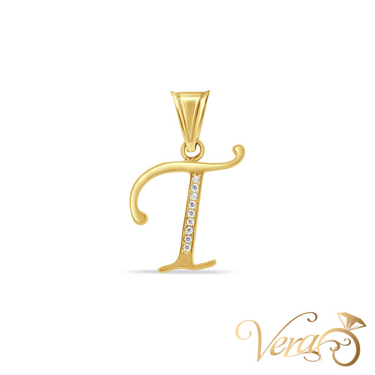 14K Yellow Gold Letter "T" Pendant with CZ - Vera Jewelry in Miami
