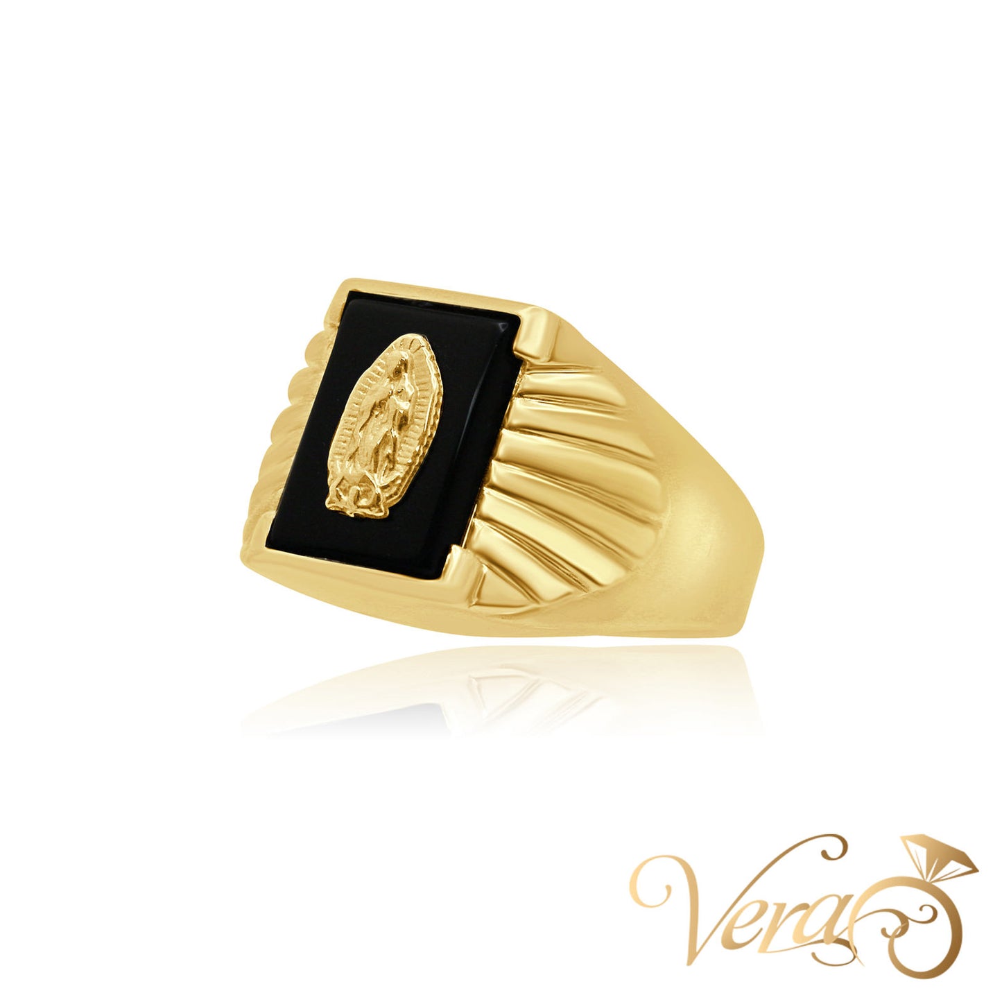 10K Yellow Gold Men’s Ring with Virgen de Guadalupe over Onyx, Size 12.25, 10.6g