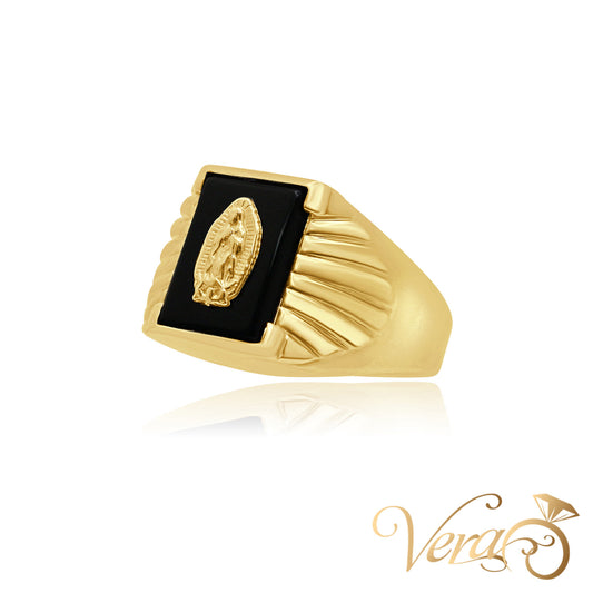 10K Yellow Gold Men’s Ring with Virgen de Guadalupe over Onyx, Size 12.25, 10.6g - Vera Jewelry in Miami
