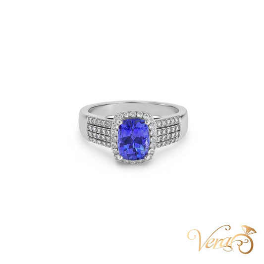 14K White Gold Tanzanite Cocktail Ring with 0.60 ct Natural Tanzanite, Size 8, 5.43g - - Vera Jewelry in Miami