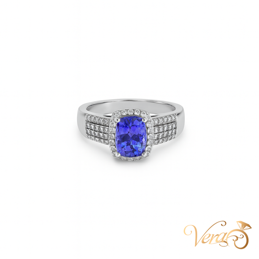14K White Gold Tanzanite Cocktail Ring with 0.60 ct Natural Tanzanite, Size 8, 5.43g