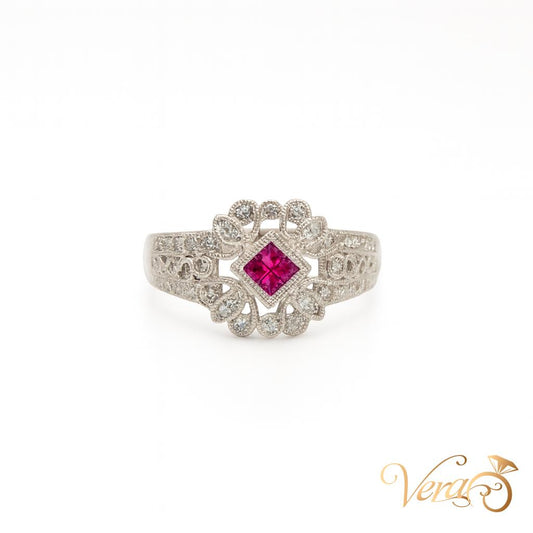 18K White Gold Floral Rolo Ring with 0.30 ct Natural Diamond, Size 6.75, 5.76g - Vera Jewelry in Miami