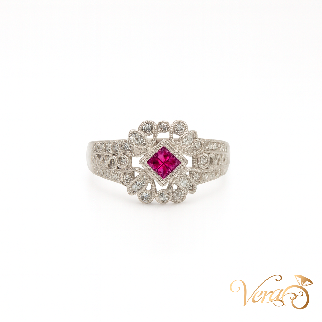 18K White Gold Floral Rolo Ring with 0.30 ct Natural Diamond, Size 6.75, 5.76g