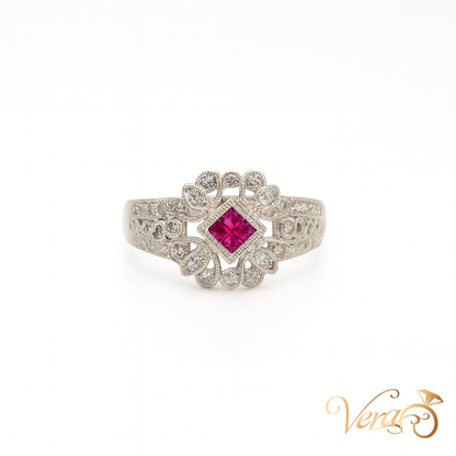 18K White Gold Floral Rolo Ring with 0.30 ct Natural Diamond, Size 6.75, 5.76g