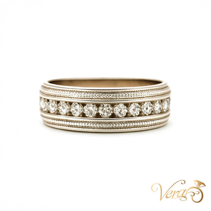 14K White Gold Wedding Band with 0.60 ct Natural Diamonds Size 8.75, 5.1g