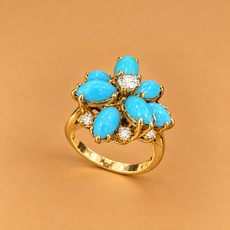 18K YG Vintage Ring 0.30 ct NAT & Turquoise, Size 5.5, 7.3g