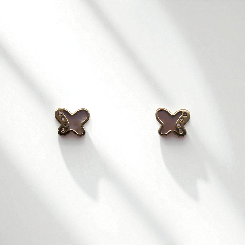 14K Yellow Gold Butterfly Mother of Pearl & Cubic Zirconia Earrings
