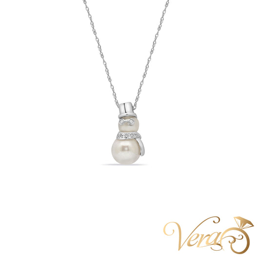 14K White Gold Snowman Pendant with Chain, Diamond & Pearl – 0.02ct – 17"