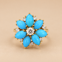 18K YG Vintage Ring 0.30 ct NAT & Turquoise, Size 5.5, 7.3g