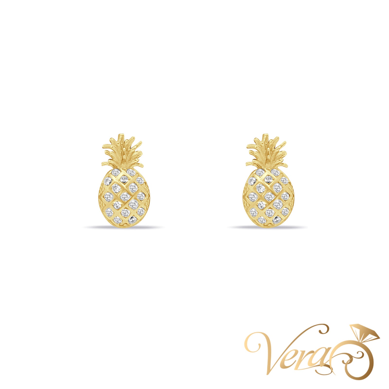 14K Yellow Gold Pineapple Stud Earrings with CZ, 9mm - Vera Jewelry in Miami
