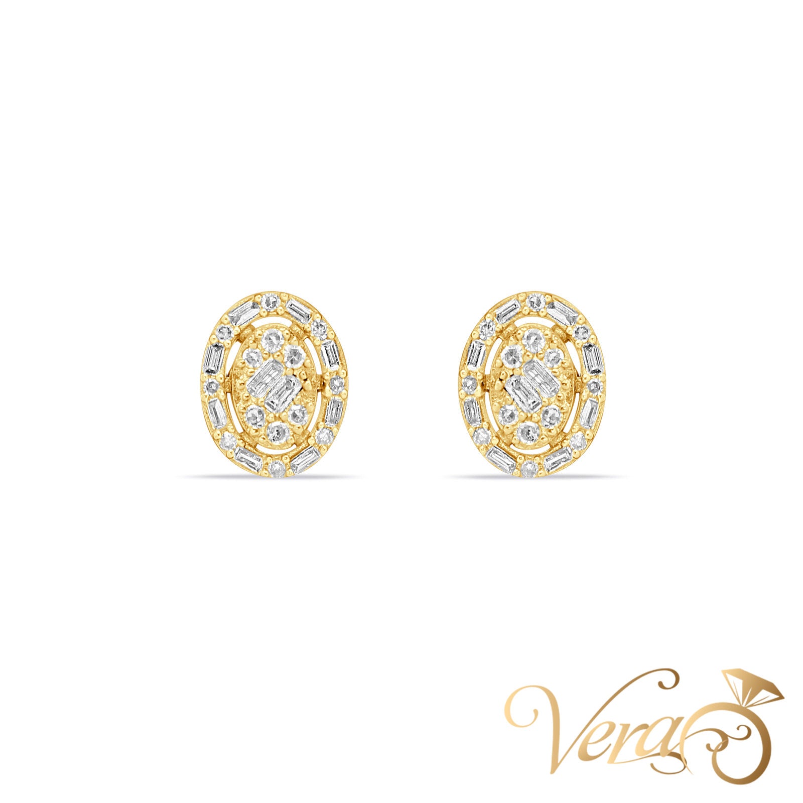 14K Yellow Gold Oval Stud Earrings with Natural Diamonds, 0.20 ct, 9mm - Vera Jewelry in Miami