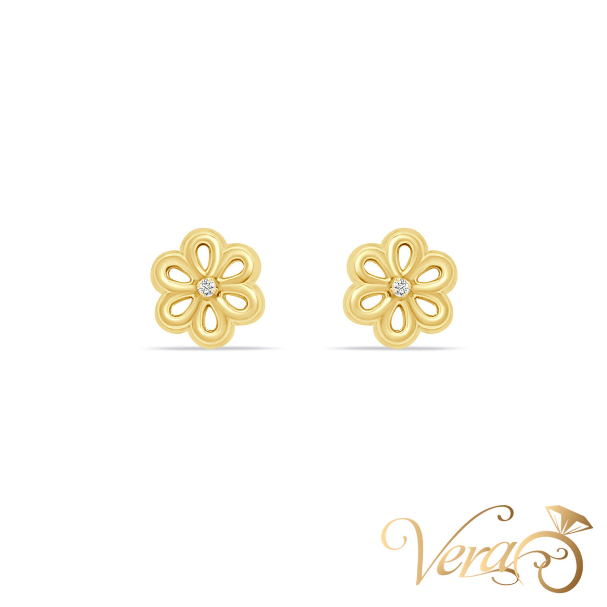 14K Yellow Gold Floral Stud Earrings with CZ Center, 7.5mm - Vera Jewelry in Miami