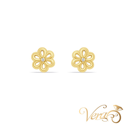 14K Yellow Gold Floral Stud Earrings with Cubic Zirconia Center, 7.5mm