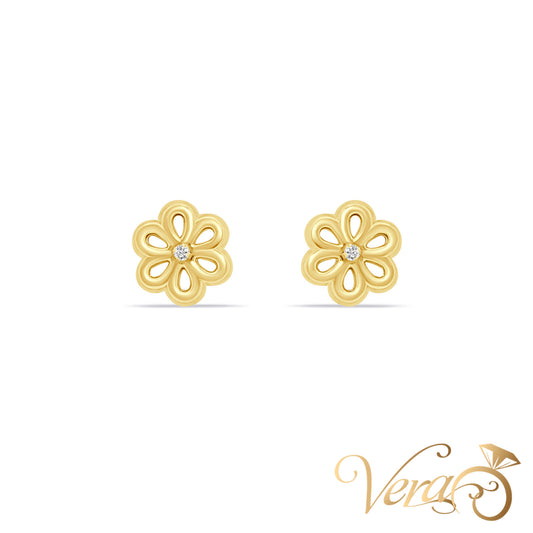 14K Yellow Gold Floral Stud Earrings with CZ Center, 7.5mm - Vera Jewelry in Miami