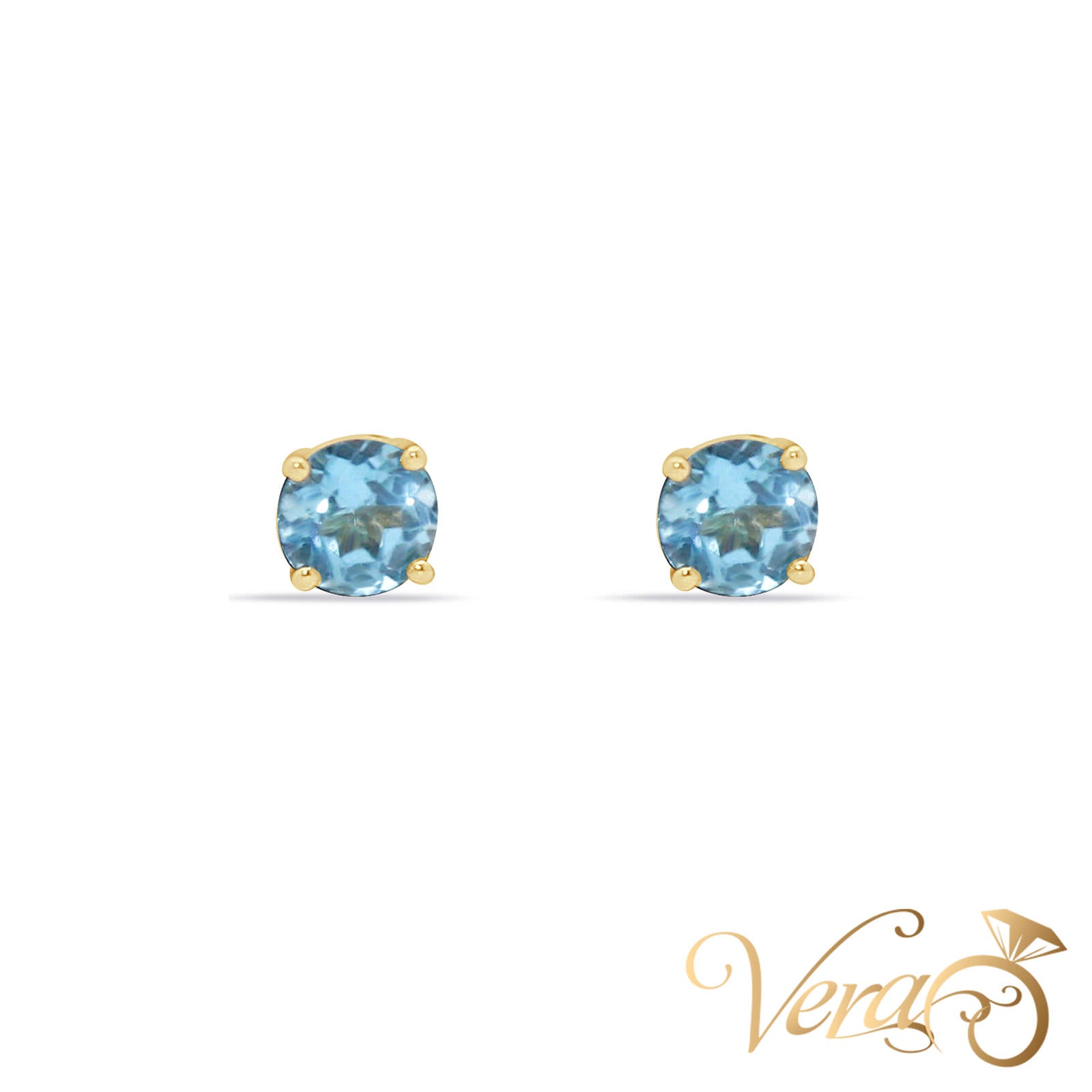 14K Yellow Gold Aquamarine Stud Earrings, 4.6mm, 0.63g - Vera Jewelry in Miami