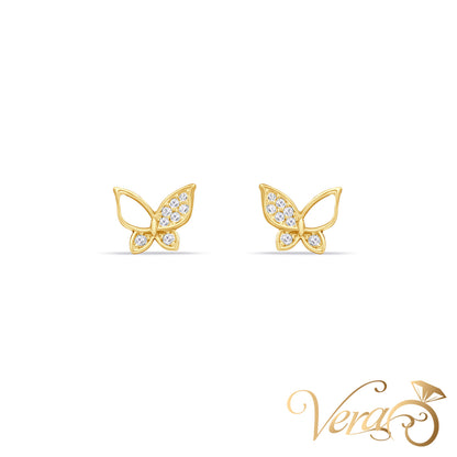 14K Yellow Gold Butterfly Stud Earrings with Cubic Zirconia Accents, 6.7mm