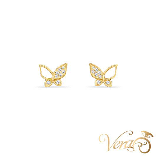 14K Yellow Gold Butterfly Stud Earrings with CZ Accents, 6.7mm - Vera Jewelry in Miami