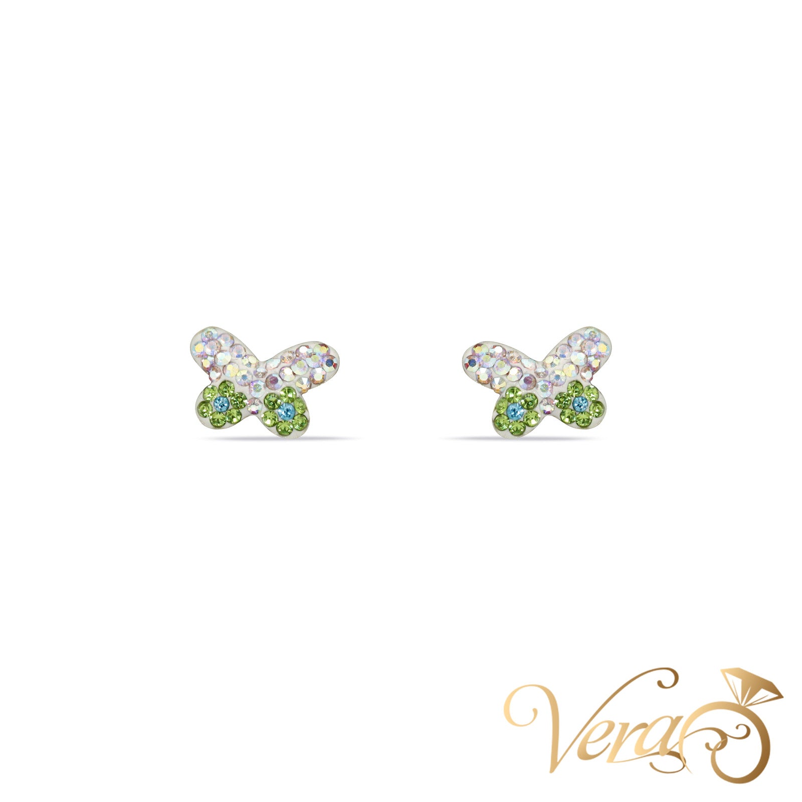 14K Yellow Gold Butterfly Stud Earrings with Multicolor Cubic Zirconia, 8mm - Vera Jewelry in Miami