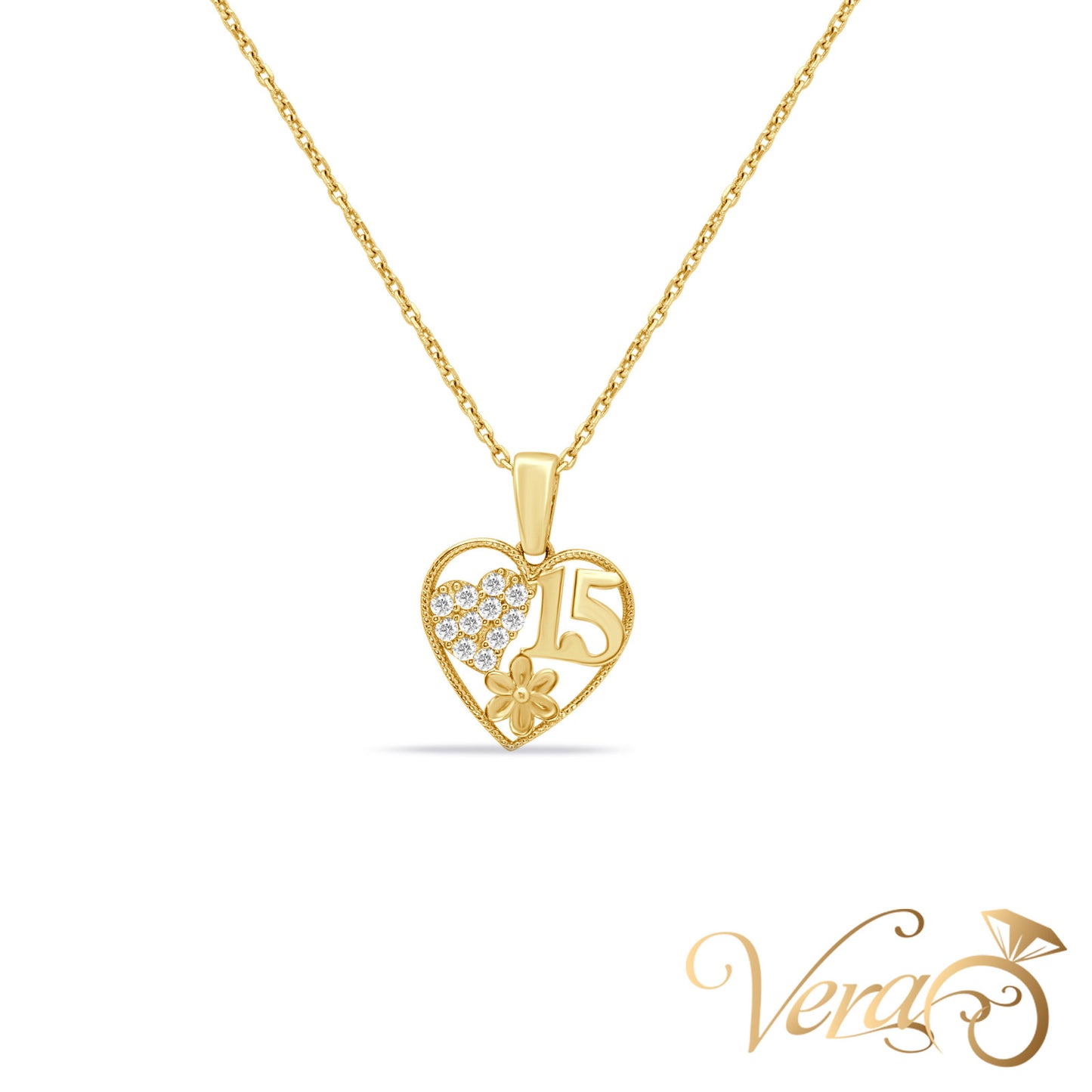 10K Yellow Gold Heart “15” Pendant with Chain & CZ – 19"