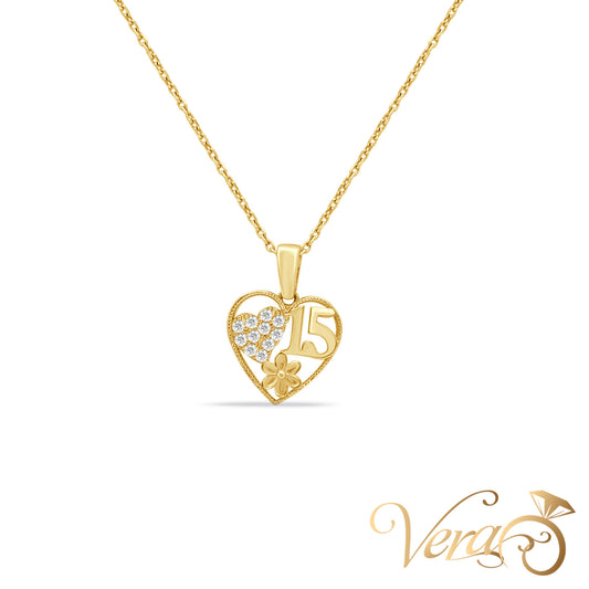 10K Yellow Gold Heart “15” Pendant with Chain & CZ – 19"