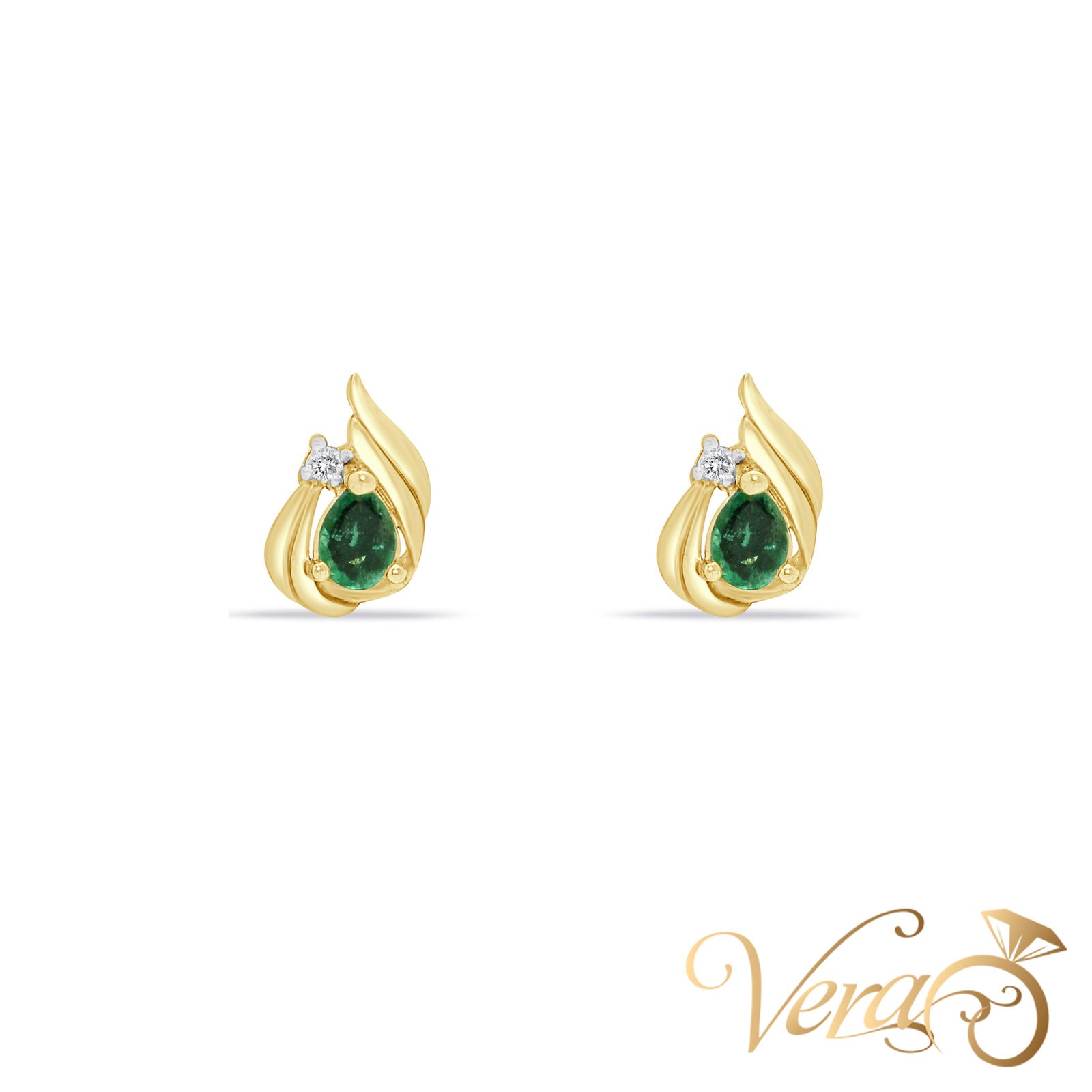 14K Yellow Gold Diamond and Emerald Stud Earrings, 0.02 ct, 10mm, 1.6g - Vera Jewelry in Miami