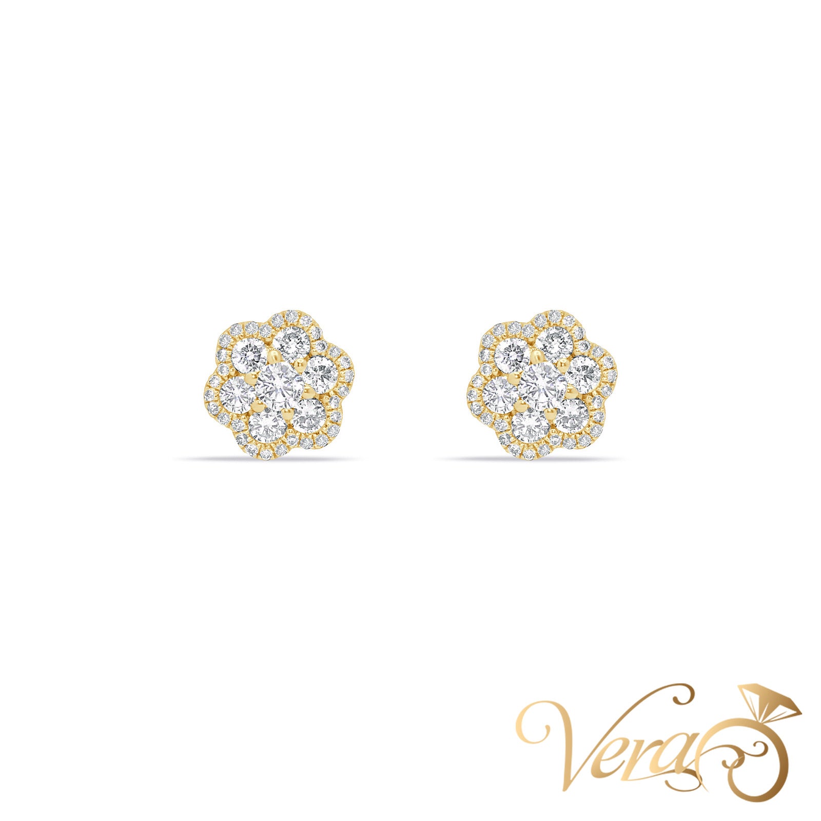 14K Yellow Gold Floral Stud Earrings with Natural Diamonds, 0.50 ct, 9mm - Vera Jewelry in Miami