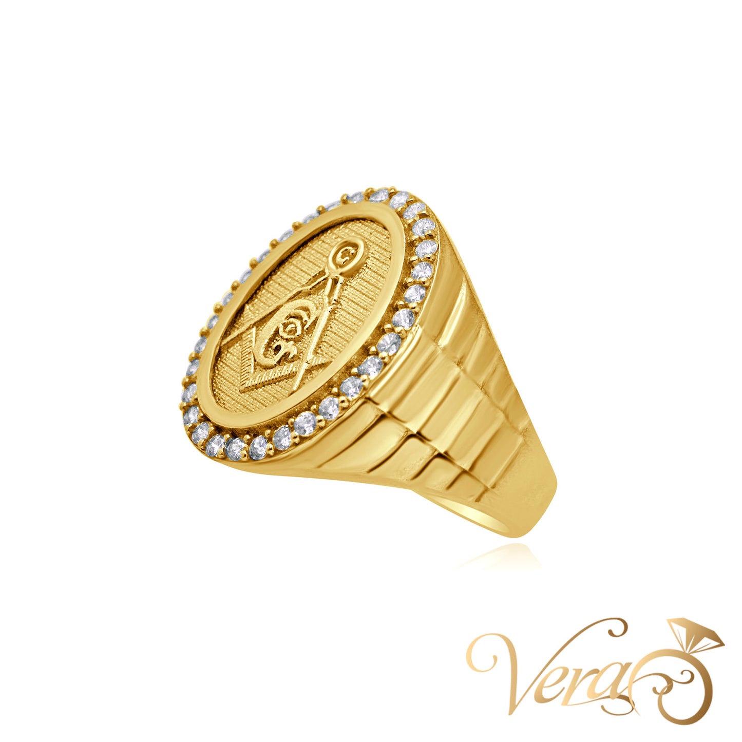 14K Yellow Gold Men’s Masonic Ring with CZ Accents, Size 10, 5.8g