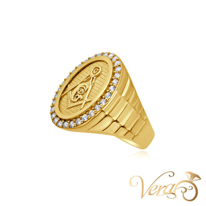 14K Yellow Gold Men’s Masonic Ring with CZ Accents, Size 10, 5.8g