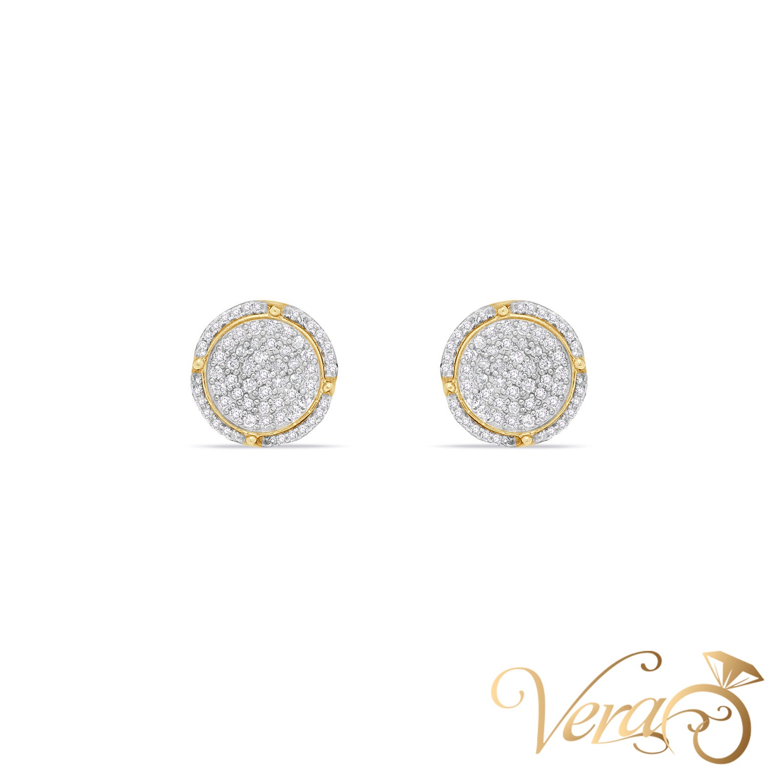 10K Yellow Gold Round Stud Earrings with Natural Diamonds, 11mm, 3.2g - Vera Jewelry in Miami