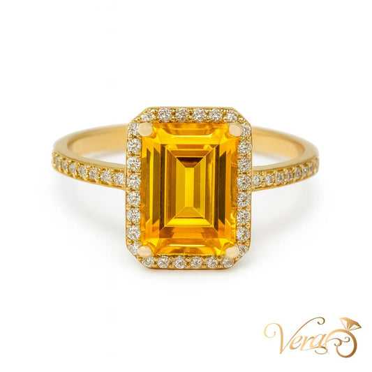 14K YG Cocktail Ring with Yellow Topaz and Cubic Zirconia - - Vera Jewelry in Miami