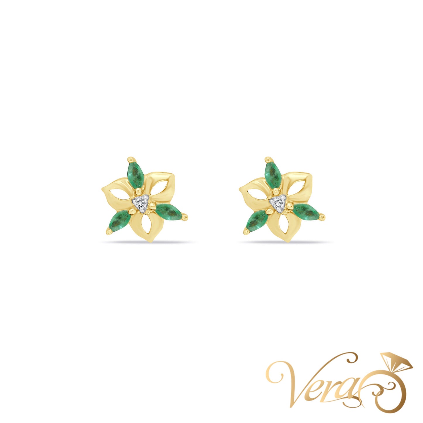 14K Yellow Gold Diamond and Emerald Stud Earrings, 0.02 ct, 12mm, 2.5g - Vera Jewelry in Miami