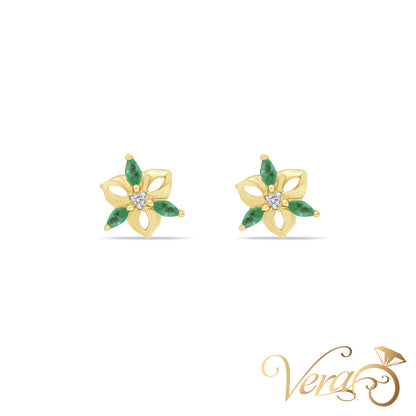 14K Yellow Gold Diamond and Emerald Stud Earrings, 0.02 ct, 12mm, 2.5g