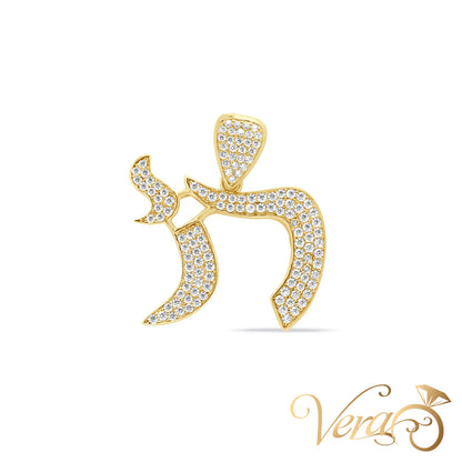 10K Yellow Gold Chai Pendant with Cubic Zirconia – 30mm