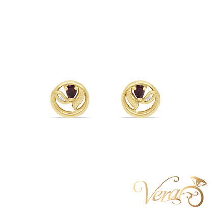 14K Yellow Gold Diamond and Ruby Stud Earrings, 0.02 ct, 11mm, 2.8g