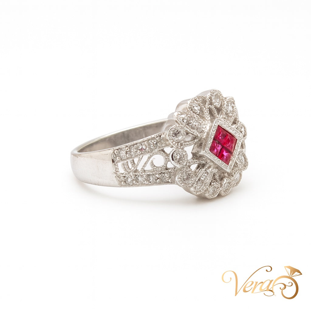 18K White Gold Floral Rolo Ring with 0.30 ct Natural Diamond, Size 6.75, 5.76g