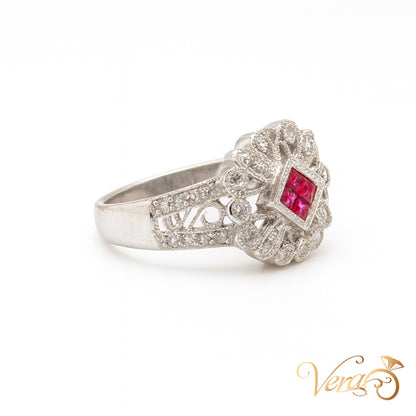 18K White Gold Floral Rolo Ring with 0.30 ct Natural Diamond, Size 6.75, 5.76g