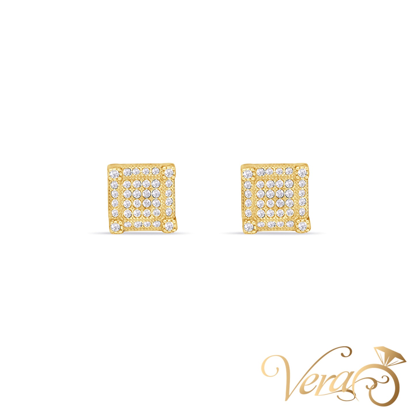 14K Yellow Gold Square Stud Earrings with Cubic Zirconia, 8mm - Vera Jewelry in Miami