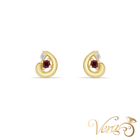 14K Yellow Gold Diamond and Ruby Stud Earrings, 0.02 ct, 10mm, 1.9g